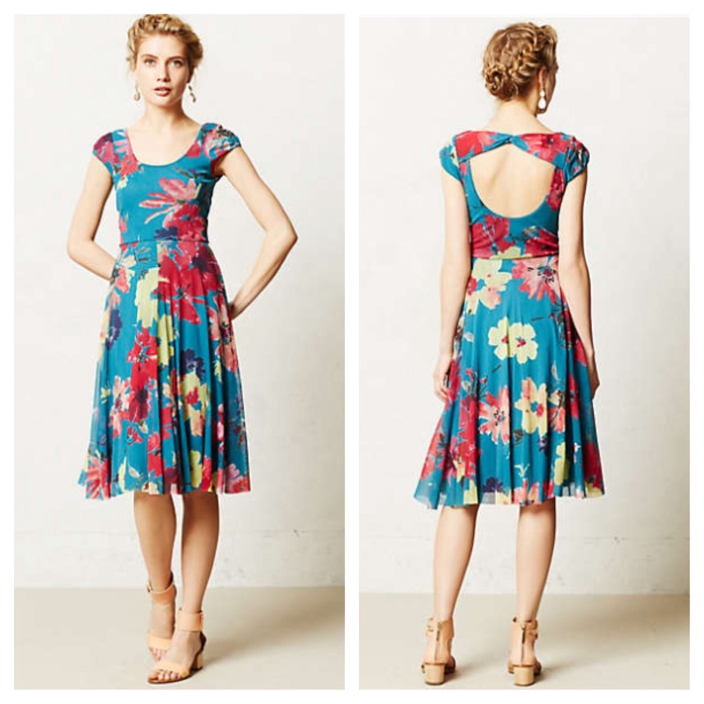 Anthropologie Quinby Dress Fit-and-Flare Dress with Pink and Yellow Flowers